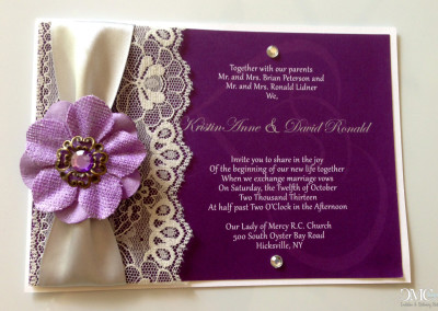 purple flower and lace wedding invite